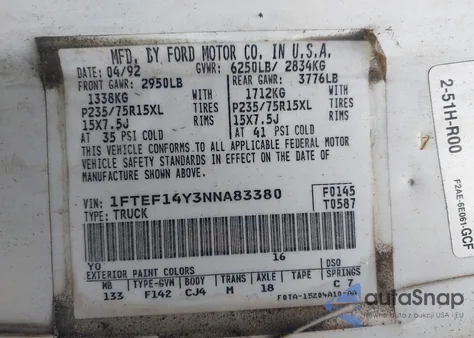 1992 Ford F150 z USA, uszkodzony, nr VIN 1FTEF14Y3NNA83380